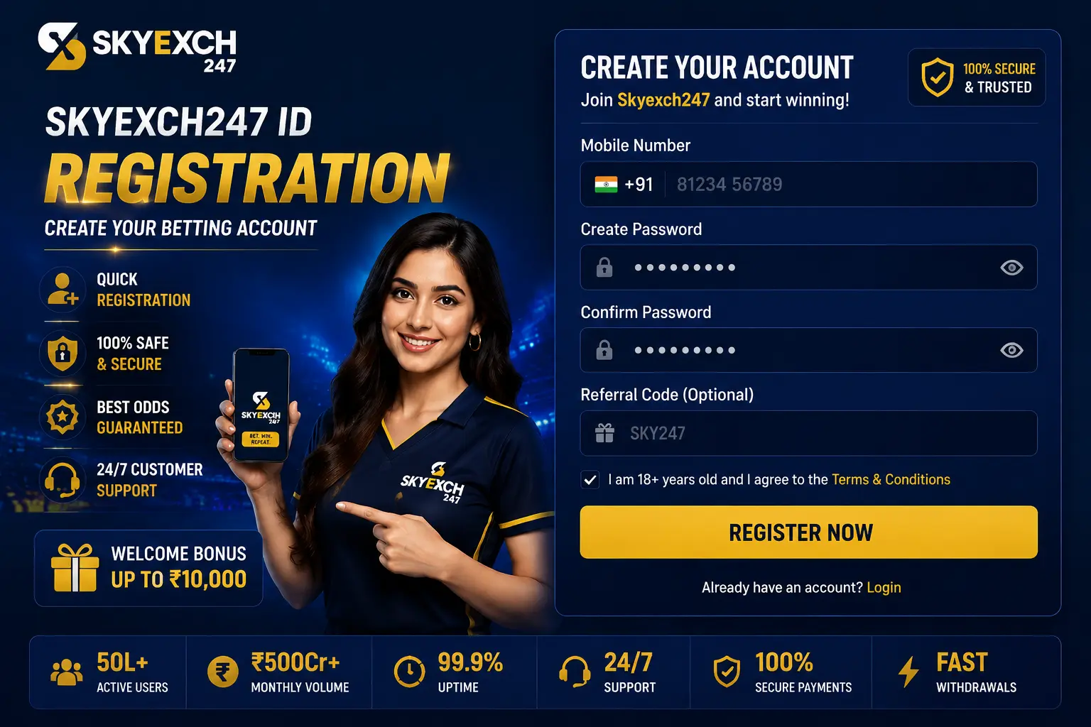 Skyexch247 Android app home screen showing live IPL cricket betting markets, ball-by-ball odds and quick deposit button on a dark mobile UI