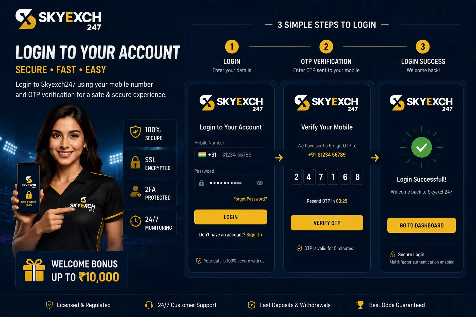 Skyexch247 login screen with mobile number input field, password box and OTP step showing multi-factor authentication for secure account access