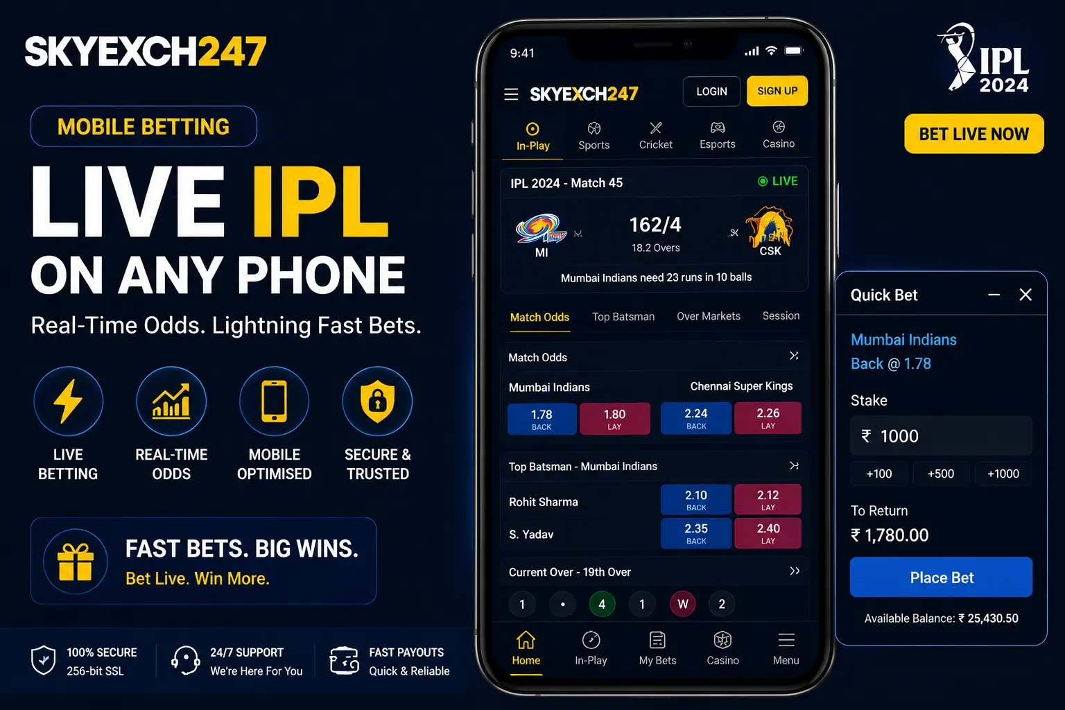 Wide-format image of Skyexch247 mobile betting interface on a smartphone showing a live IPL match, real-time odds and the quick-bet panel optimised for mobile screen