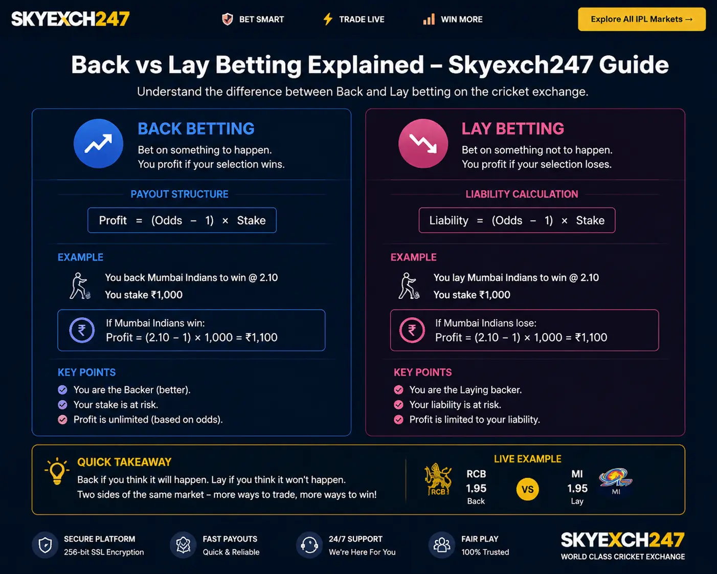 Security infographic for Skyexch247 showing 256-bit SSL encryption, two-factor OTP authentication, international betting license, segregated player funds and AI fraud detection systems