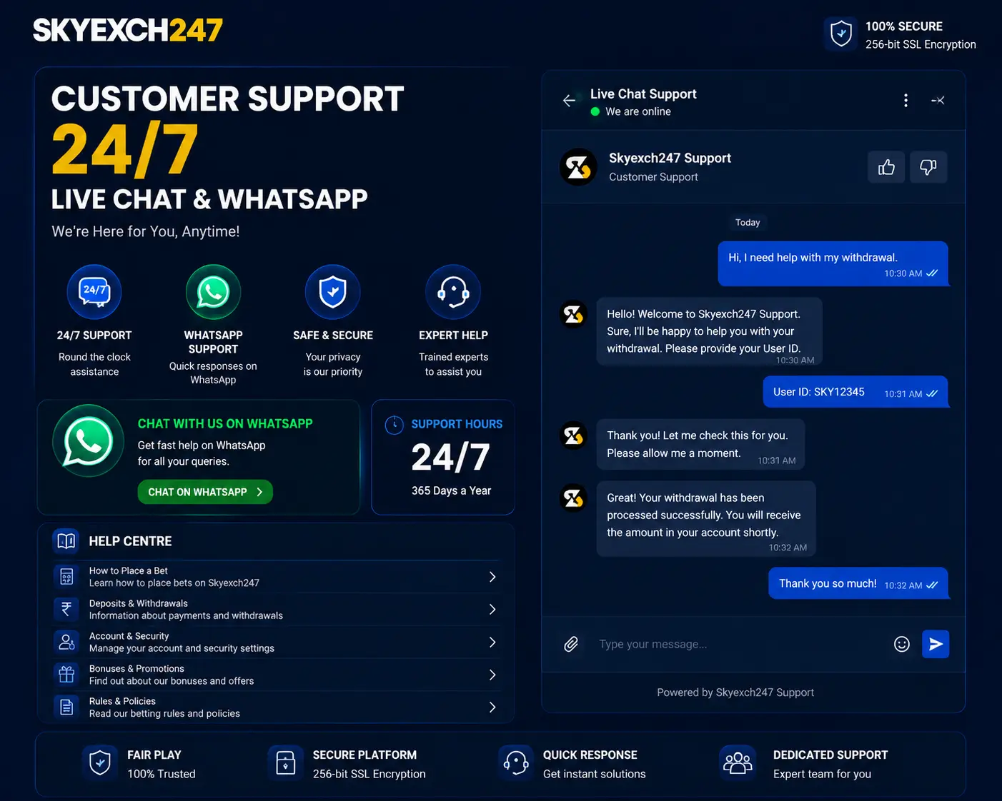 Skyexch247 customer support interface showing 24/7 live chat window, WhatsApp contact option and help centre for Indian cricket betting users