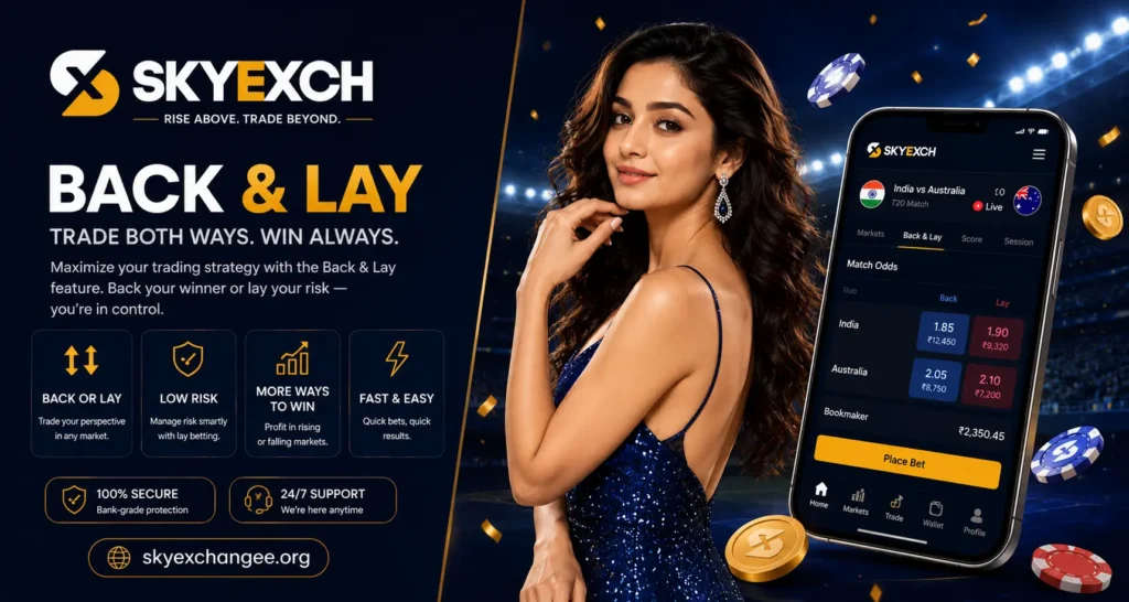 Skyexch peer-to-peer exchange platform showing back and lay betting interface for cricket