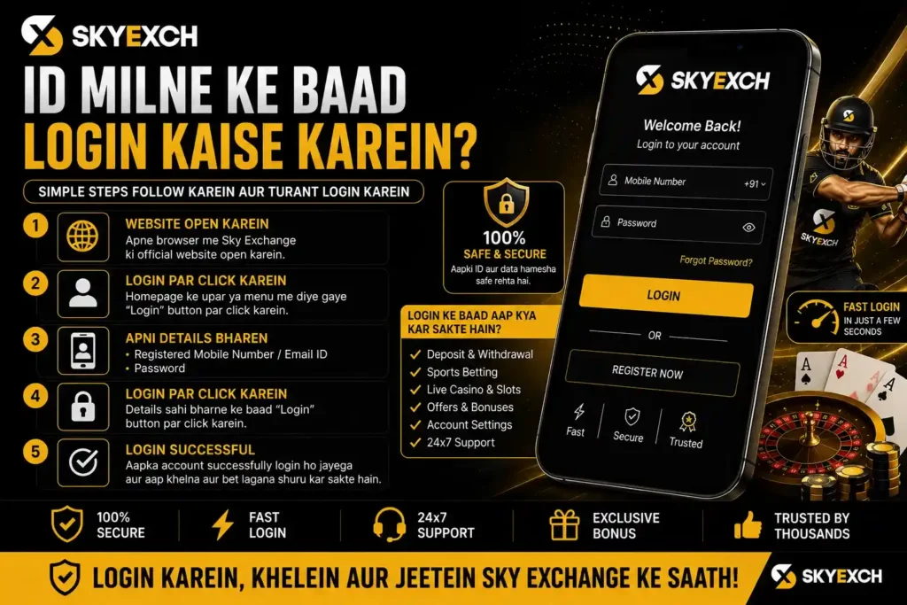 Step-by-step visual guide showing how to log in to a Sky Exchange account using a registered mobile number and password.