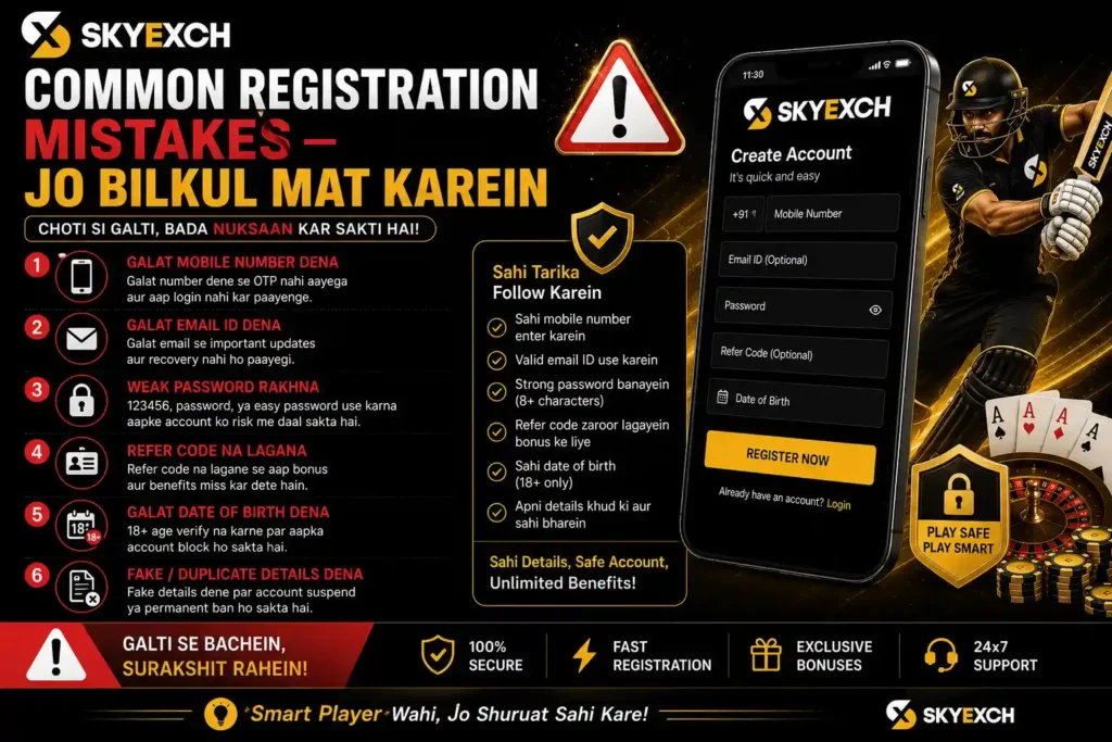 Infographic highlighting common registration mistakes such as entering incorrect mobile numbers, weak passwords, fake information, and incomplete account details.