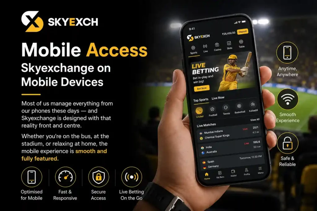 Skyexchange mobile platform on smartphone showing responsive design, live betting access, and real-time updates
