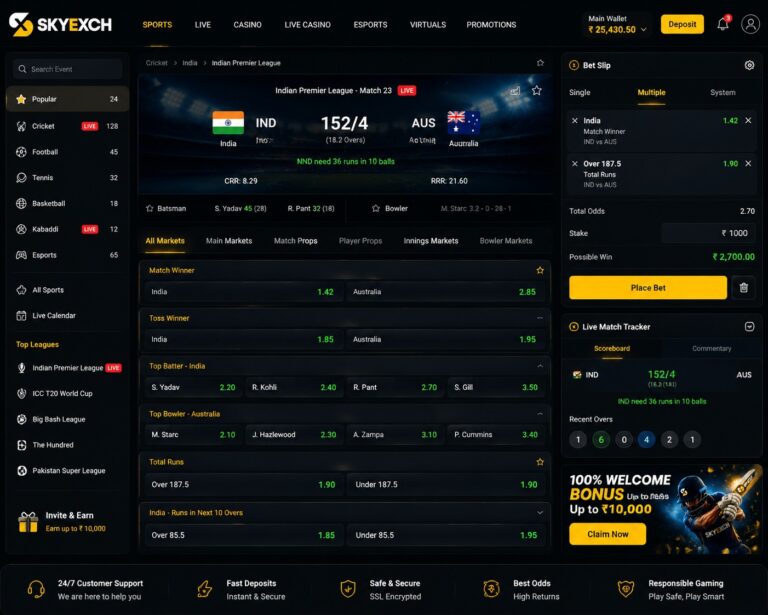 Skyexch betting dashboard showing live cricket match odds, back and lay betting options, and real-time score updates
