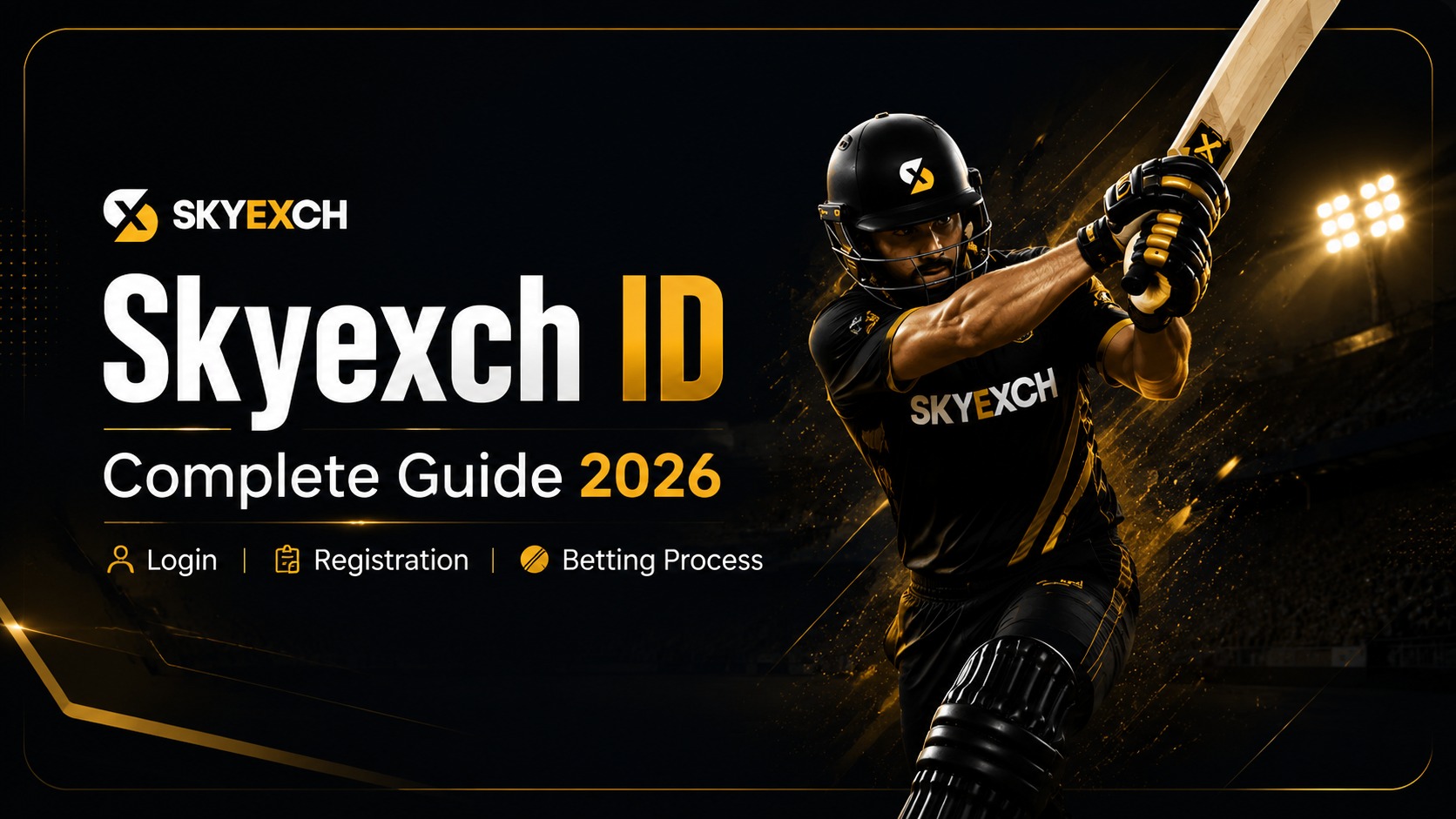 Ultra premium Skyexch ID cricket betting hero banner showing live IPL match, betting dashboard and odds interface in dark gold theme