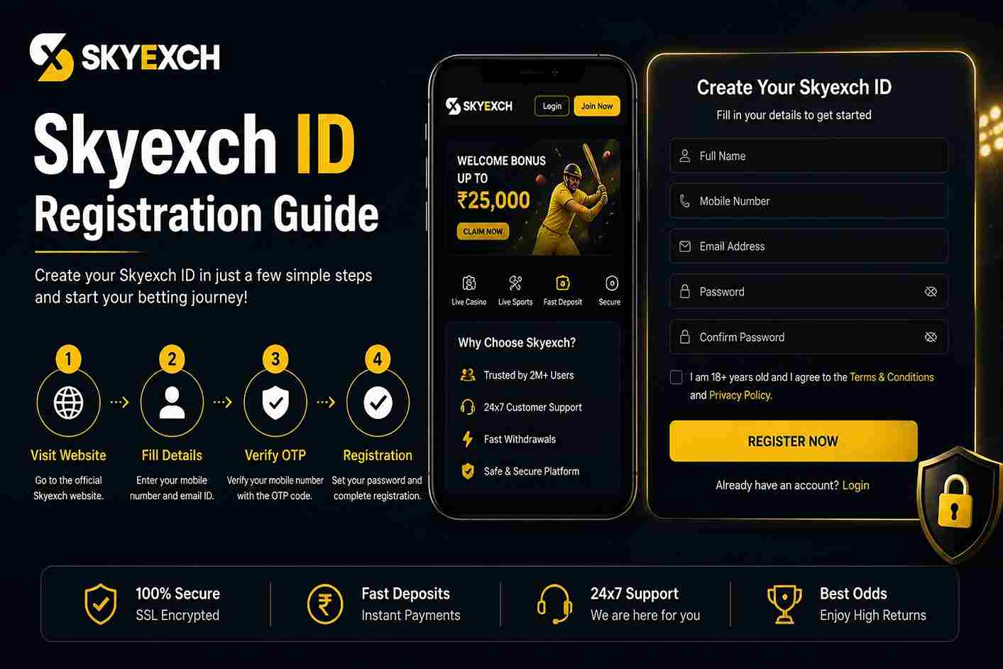 Skyexch registration form showing user details, mobile verification and account creation process for new users