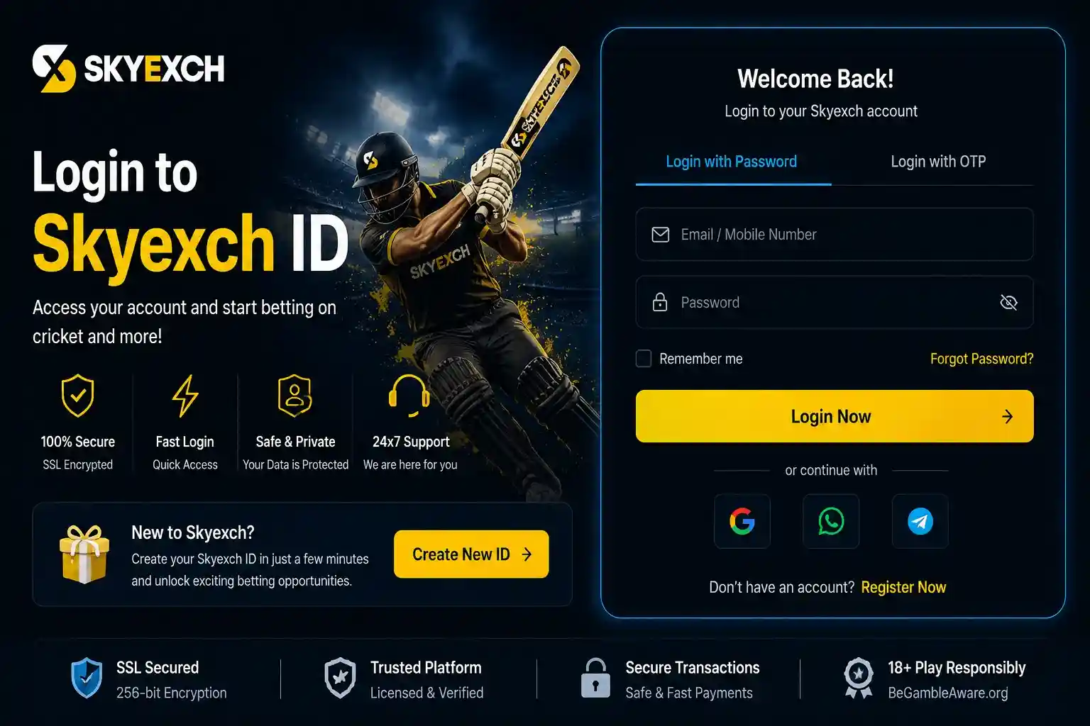 Secure Skyexch login interface showing email password fields and OTP login option with modern UI design