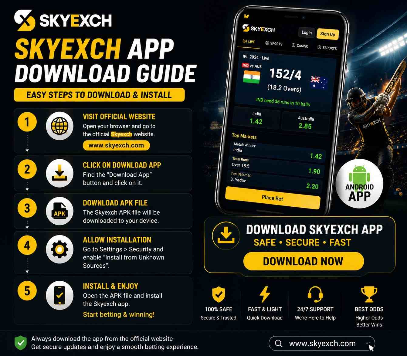 Skyexch mobile app showing live betting, cricket matches and account dashboard on smartphone screen