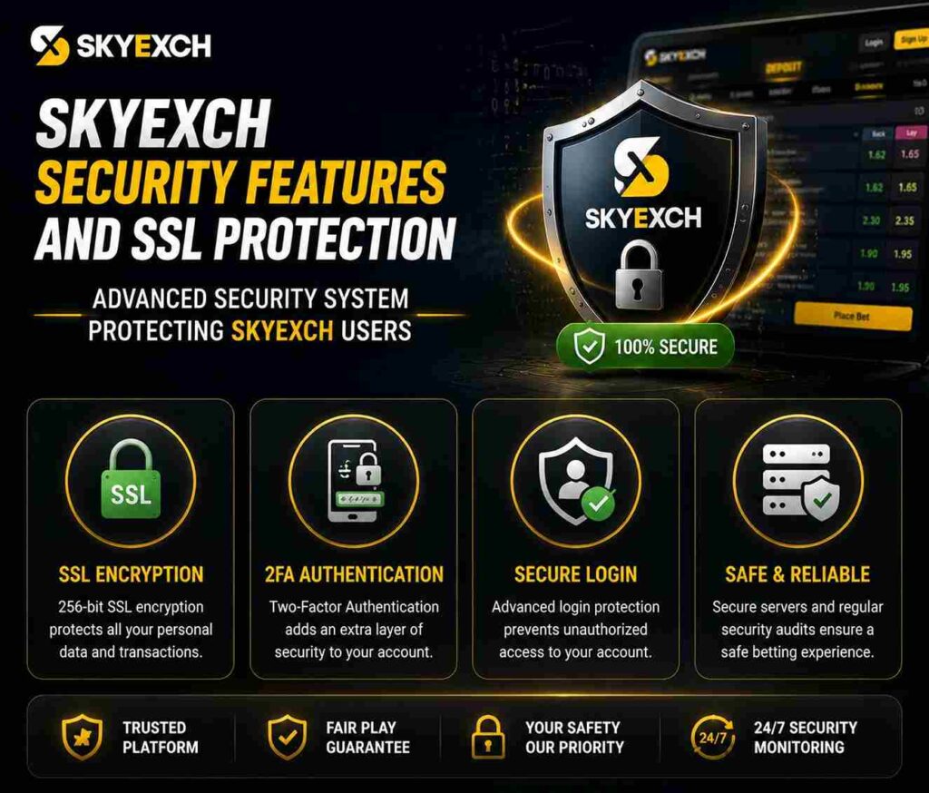 Security badges showing SSL encryption, 2FA authentication and secure login protection on Skyexch platform