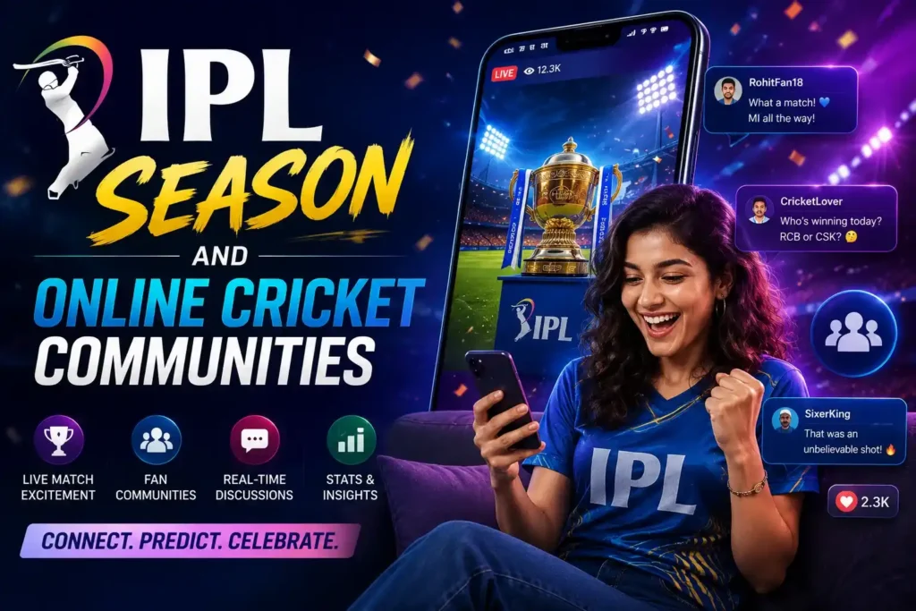 IPL Season and Online Cricket Communities banner featuring a young woman using a smartphone, cricket-themed mobile interface, live match updates, and an active online cricket fan community.