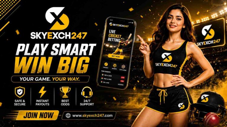 Skyexch247 promotional banner featuring a female brand ambassador, smartphone with live cricket interface, SKYEXCH247 logo, cricket helmet, and stadium background highlighting a premium cricket platform.