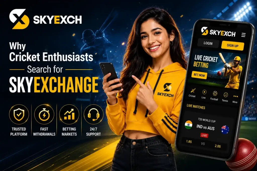 How Skyexchange supports cricket fans through live cricket access, fast withdrawals, active betting markets, and 24/7 support, featured alongside a mobile cricket platform interface.