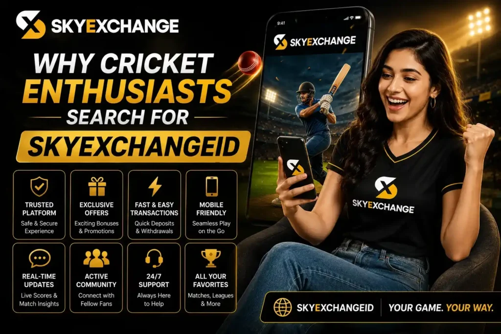 SkyexchangeID promotional banner highlighting key features of Skyexchange, including secure access, exclusive offers, fast transactions, real-time updates, active cricket community, and 24/7 support for cricket enthusiasts.