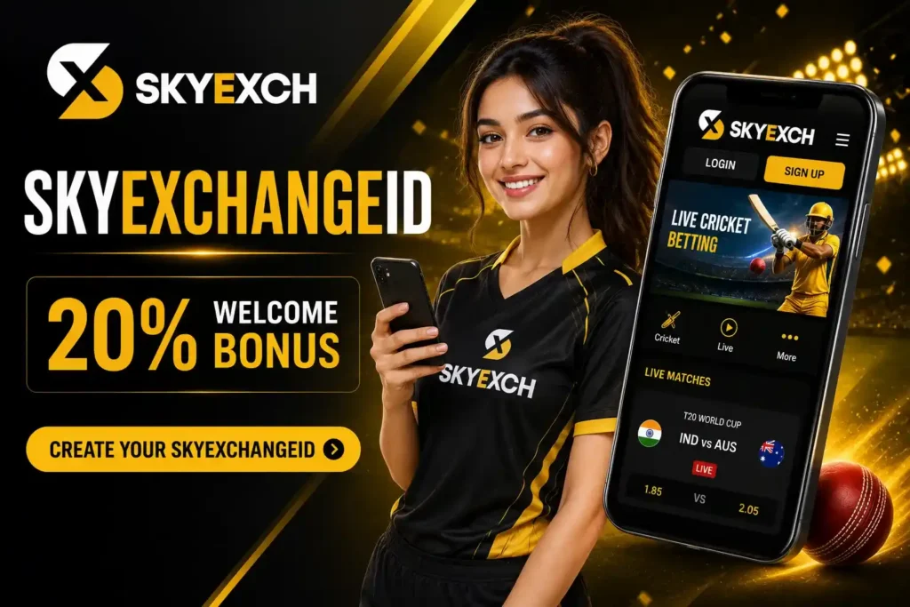 SkyexchangeID promotional banner featuring a young woman holding a smartphone, live cricket interface on a mobile screen, 20% welcome bonus offer, and cricket-themed background.