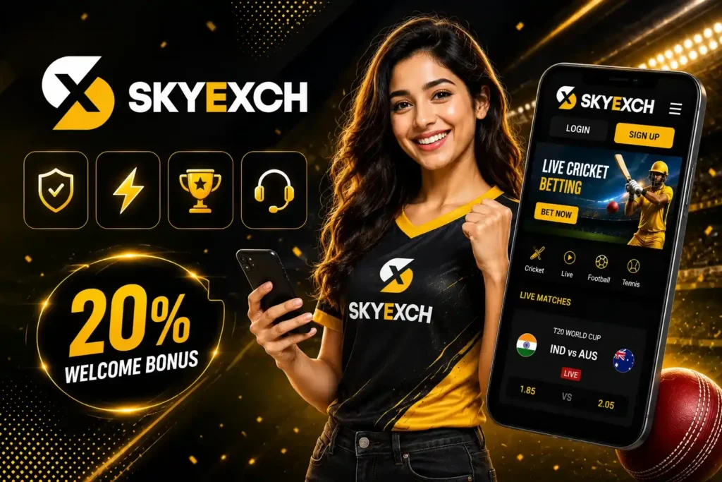 Key Features of Skyexchange banner featuring a young woman holding a smartphone, live cricket interface, 20% welcome bonus, secure platform icons, and Skyexchange branding.
