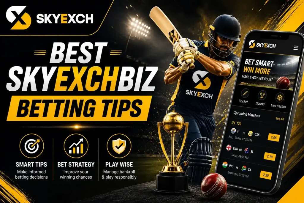 Professional Skyexchbiz promotional image featuring a cricket player, Skyexch branding, and betting strategy graphics.