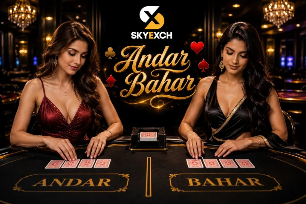 Two stylish women in different elegant outfits deal Andar Bahar playing cards at a luxury black-and-gold casino table. A glowing "Andar Bahar" title appears in the center with SKYEXCH branding and a sophisticated casino background.