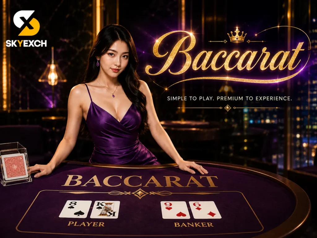 A glamorous woman in a stylish purple satin dress stands behind a premium Baccarat table inside a luxurious black-and-gold casino. Elegant Baccarat typography, playing cards, and the SKYEXCH logo create a sophisticated, high-end gaming-inspired atmosphere.
