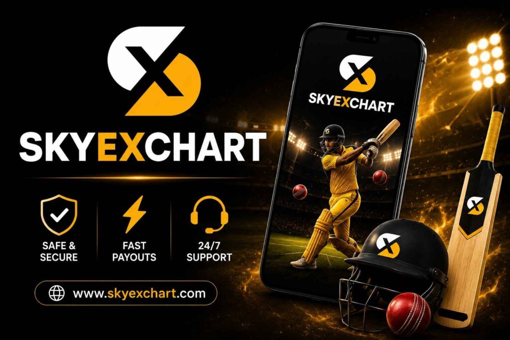 SkyExchart logo displayed with a cricket-themed smartphone mockup, cricket bat, helmet, and stadium background in a modern black-and-gold sports design.