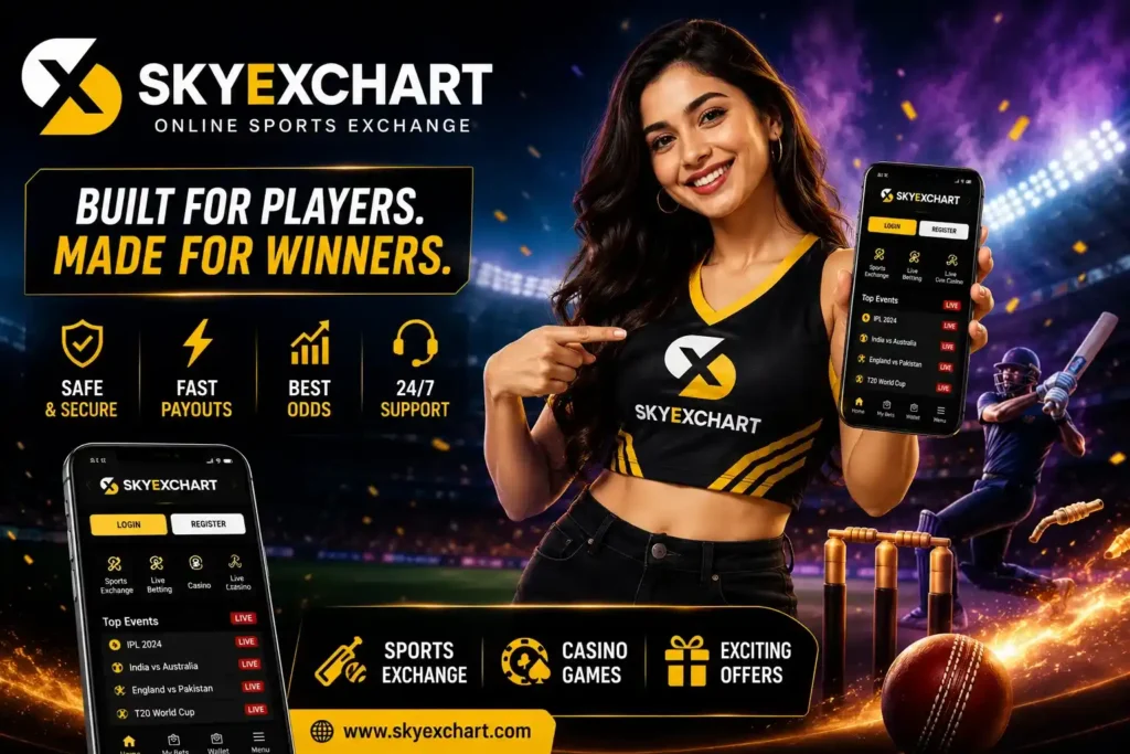Skyexchart promotional banner featuring a female brand ambassador, sports exchange app, cricket stadium background, secure betting, fast payouts, casino games, and live sports exchange.