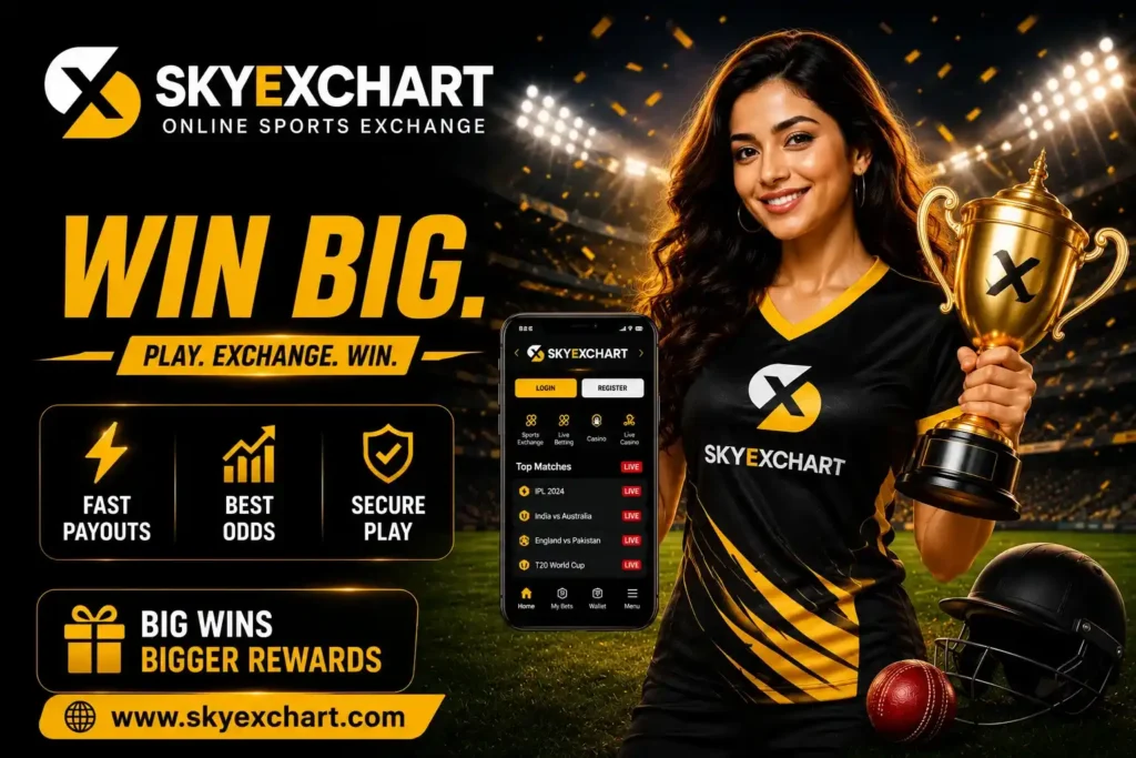 Skyexchart hero image showing a woman with a trophy, sports exchange app interface, cricket stadium lights, secure betting features, and online sports exchange platform.