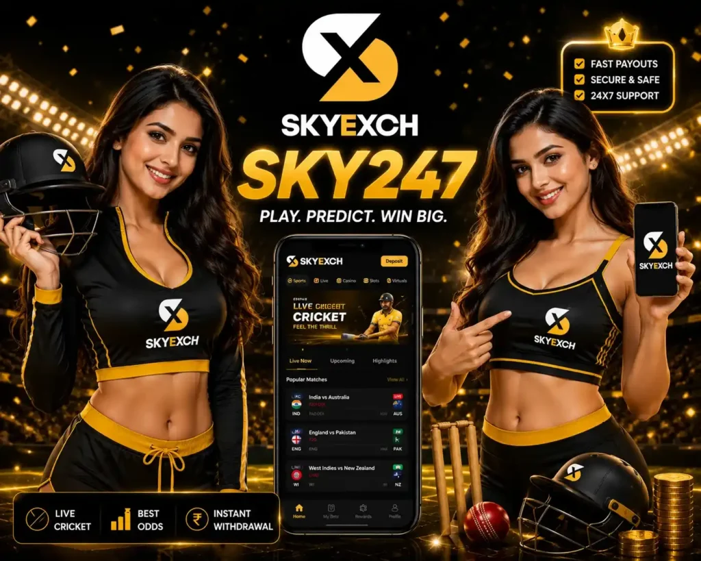 Sky247 promotional banner featuring two female brand ambassadors, SKYEXCH logo, live cricket betting mobile app, stadium background, and secure online sports exchange platform.