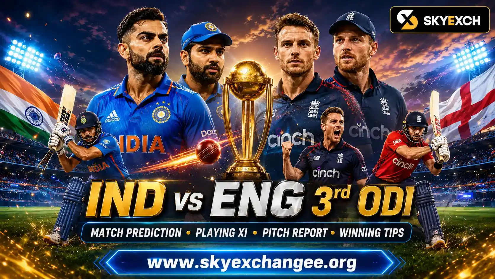 Virat Kohli, Rohit Sharma, Jos Buttler, and Joe Root featured in a dramatic IND vs ENG 3rd ODI banner with a golden trophy, packed cricket stadium, Skyexch logo, and match prediction highlights.