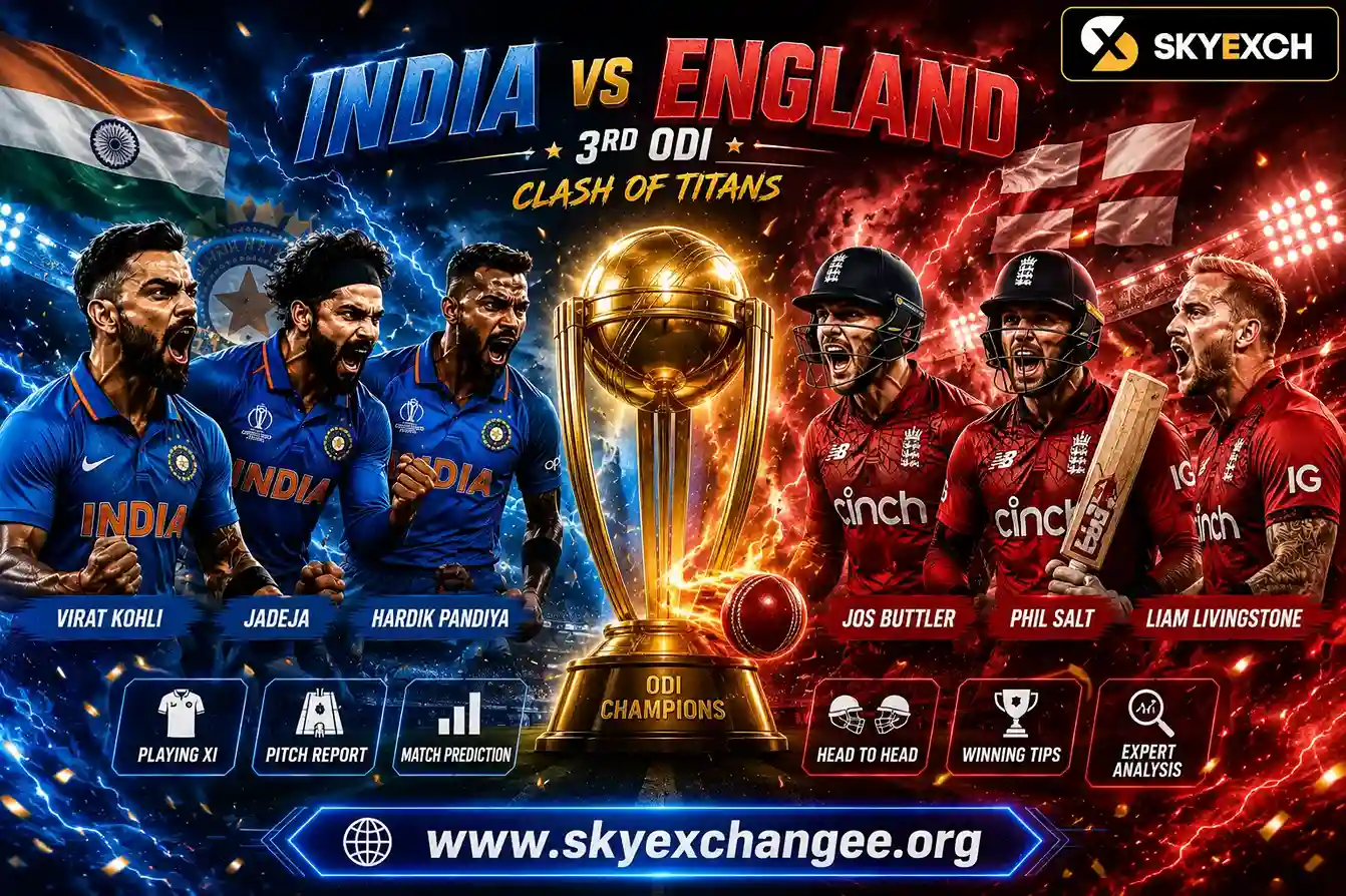 High-energy India vs England 3rd ODI promotional banner featuring Virat Kohli, Ravindra Jadeja, and Hardik Pandya facing Jos Buttler, Phil Salt, and Liam Livingstone with a large golden trophy, dramatic stadium lighting, Skyexch logo, and www.skyexchangee.org.