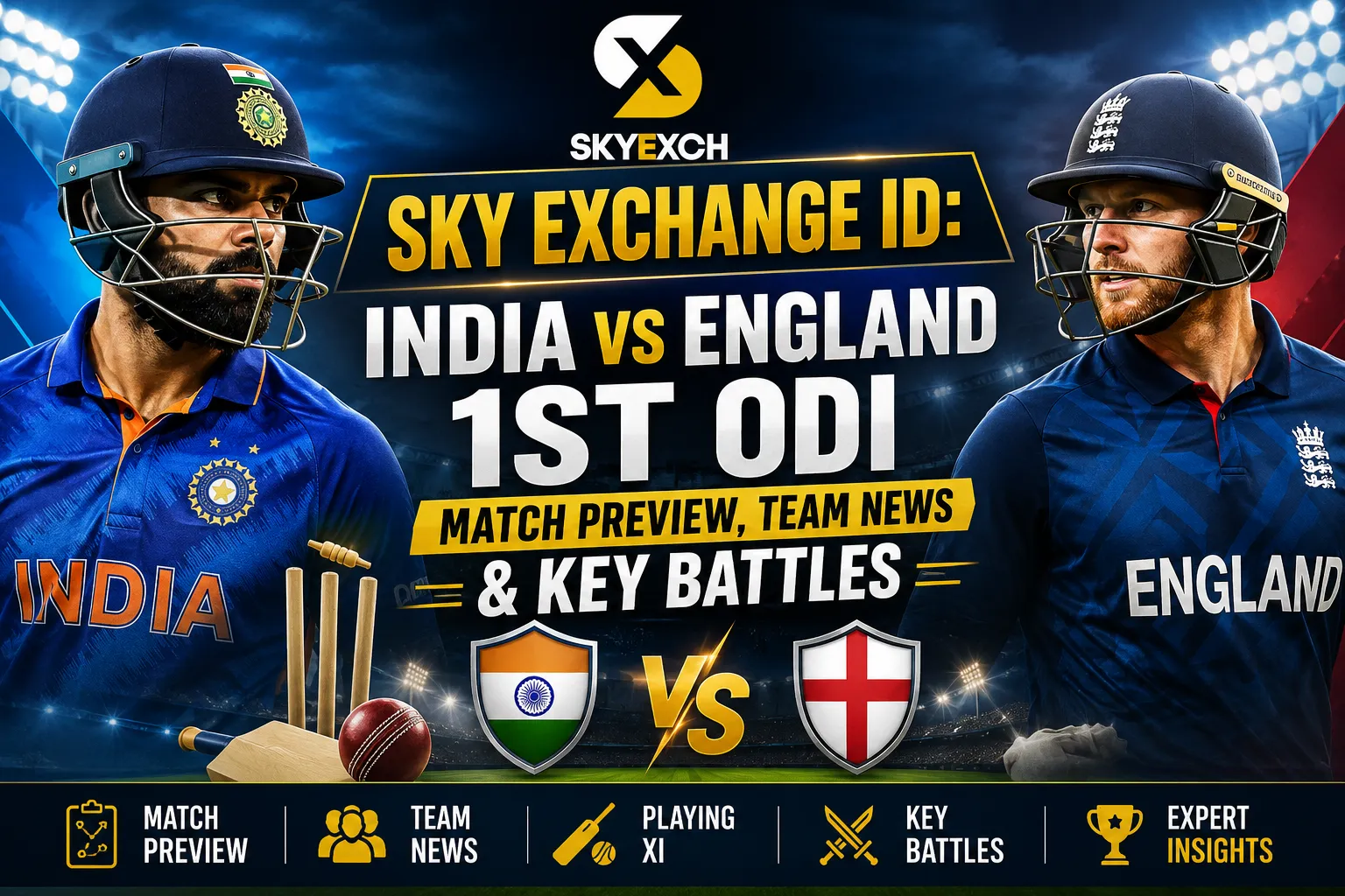 Sky Exchange ID banner featuring the India vs England 1st ODI match preview with cricket players, stadium background, team news, key battles, Skyexch branding, and Sky247 highlights.