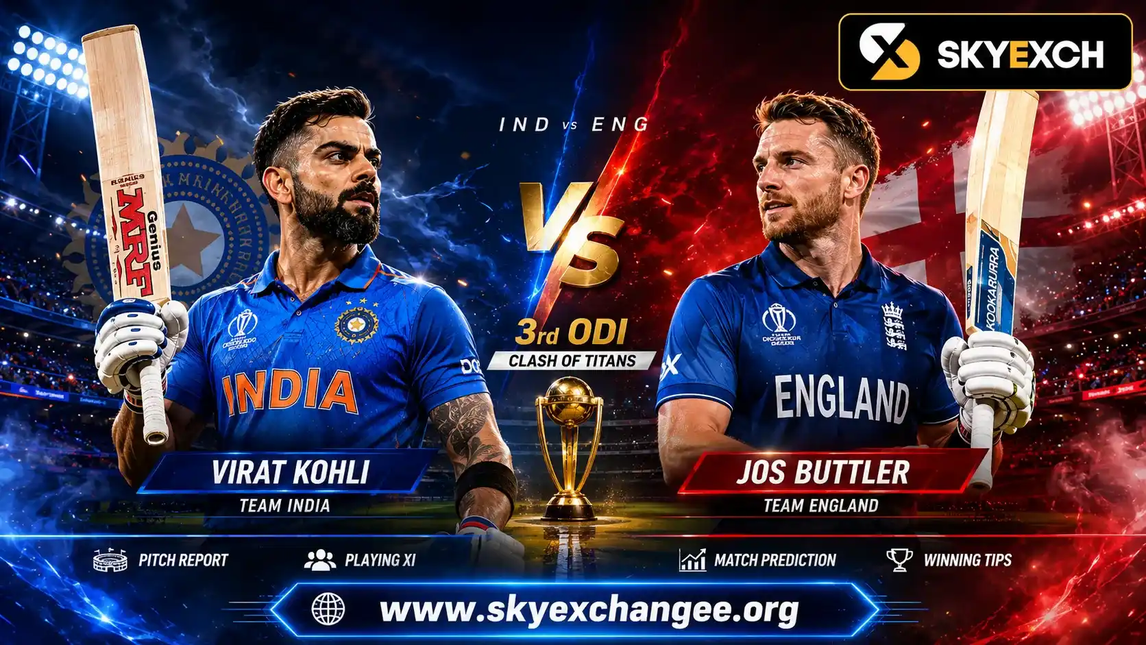 Virat Kohli and Jos Buttler face off in a dramatic IND vs ENG 3rd ODI banner featuring the Skyexch logo, a golden trophy, a floodlit cricket stadium, and the website www.skyexchangee.org