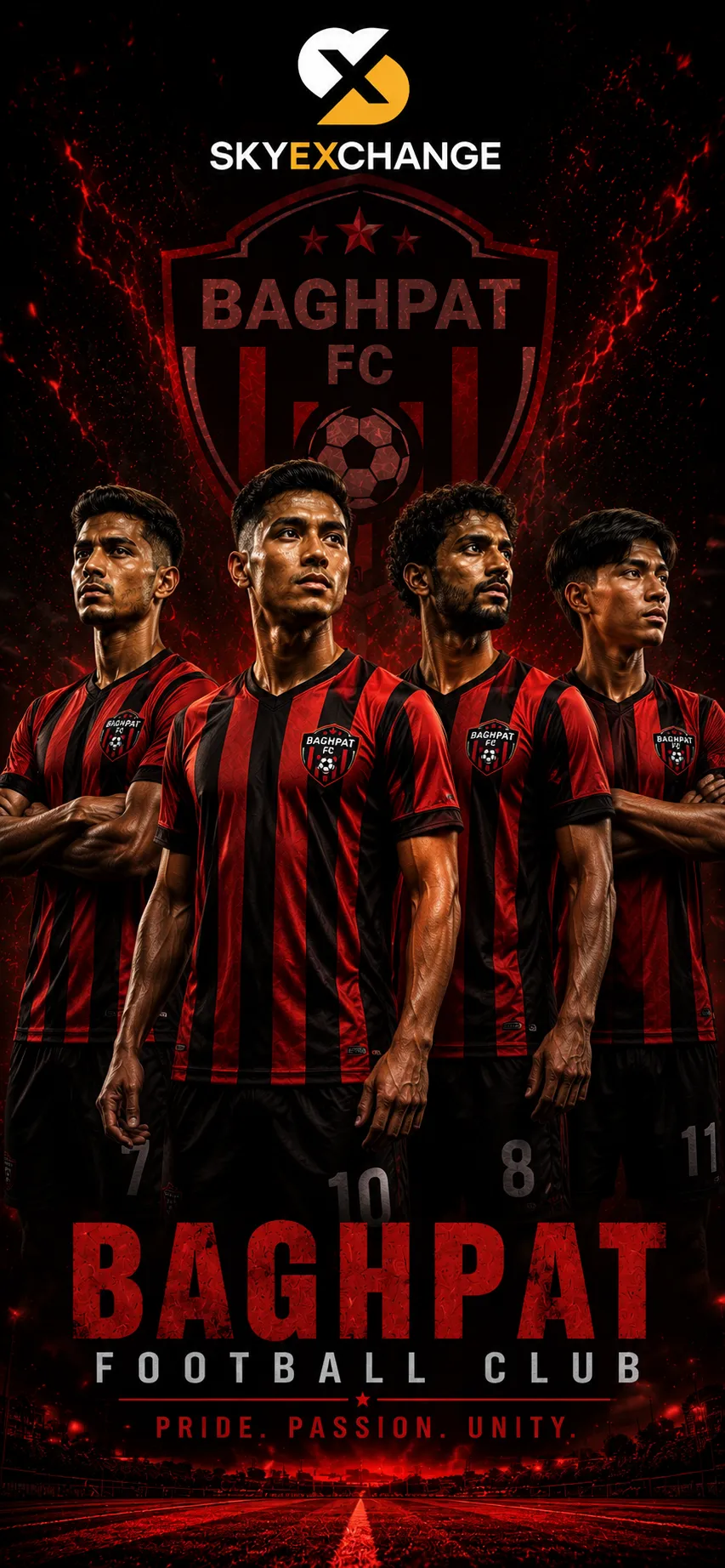 Four Baghpat FC football players in red and black striped jerseys standing against a dramatic black and red background with the Skyexchange logo and Baghpat FC crest in a cinematic team poster.