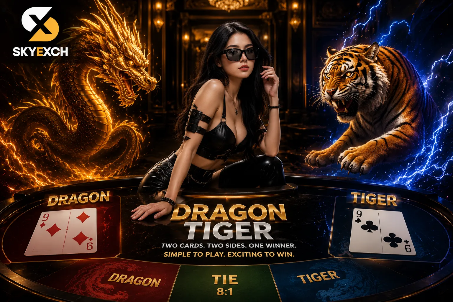 A stylish woman in a modern black outfit stands between a glowing golden dragon and a fierce tiger at a luxury casino table. The Dragon Tiger layout, playing cards, and SKYEXCH logo create a premium black-and-gold gaming atmosphere.