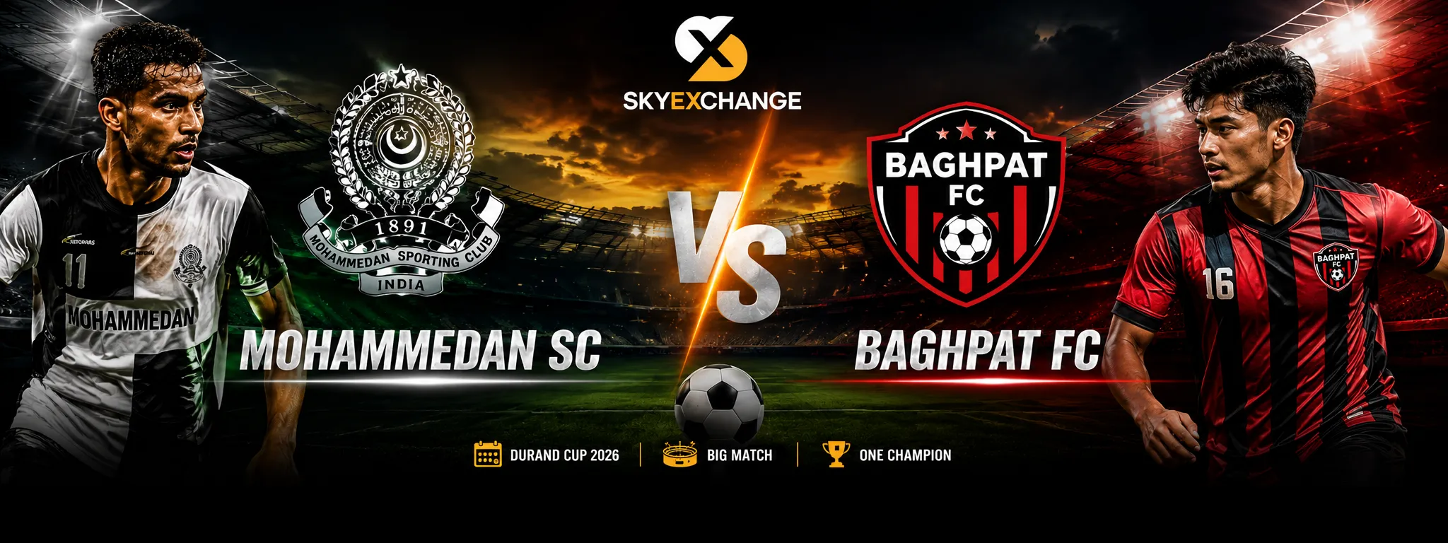 Mohammedan SC and Baghpat FC players featured in a cinematic Durand Cup 2026 football match poster with the Skyexchange logo, team crests, stadium lights, and championship trophy.