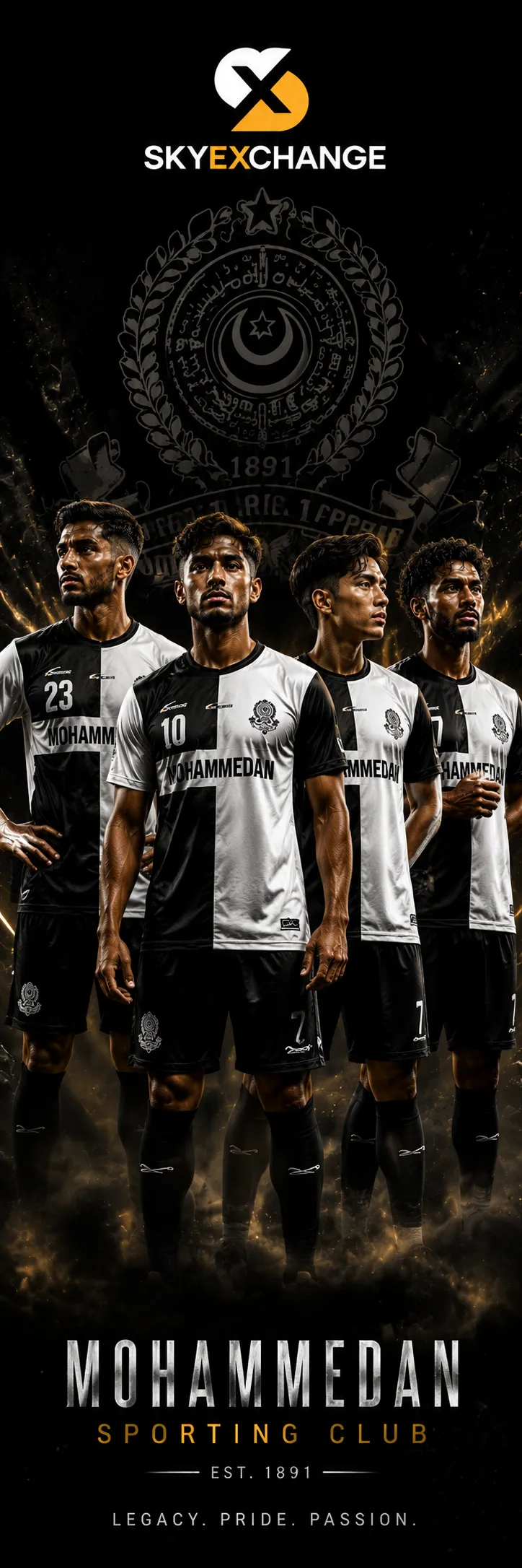Four Mohammedan Sporting Club players standing in black and white kits against a dramatic dark background with the Skyexchange logo, creating a cinematic football team poster.
