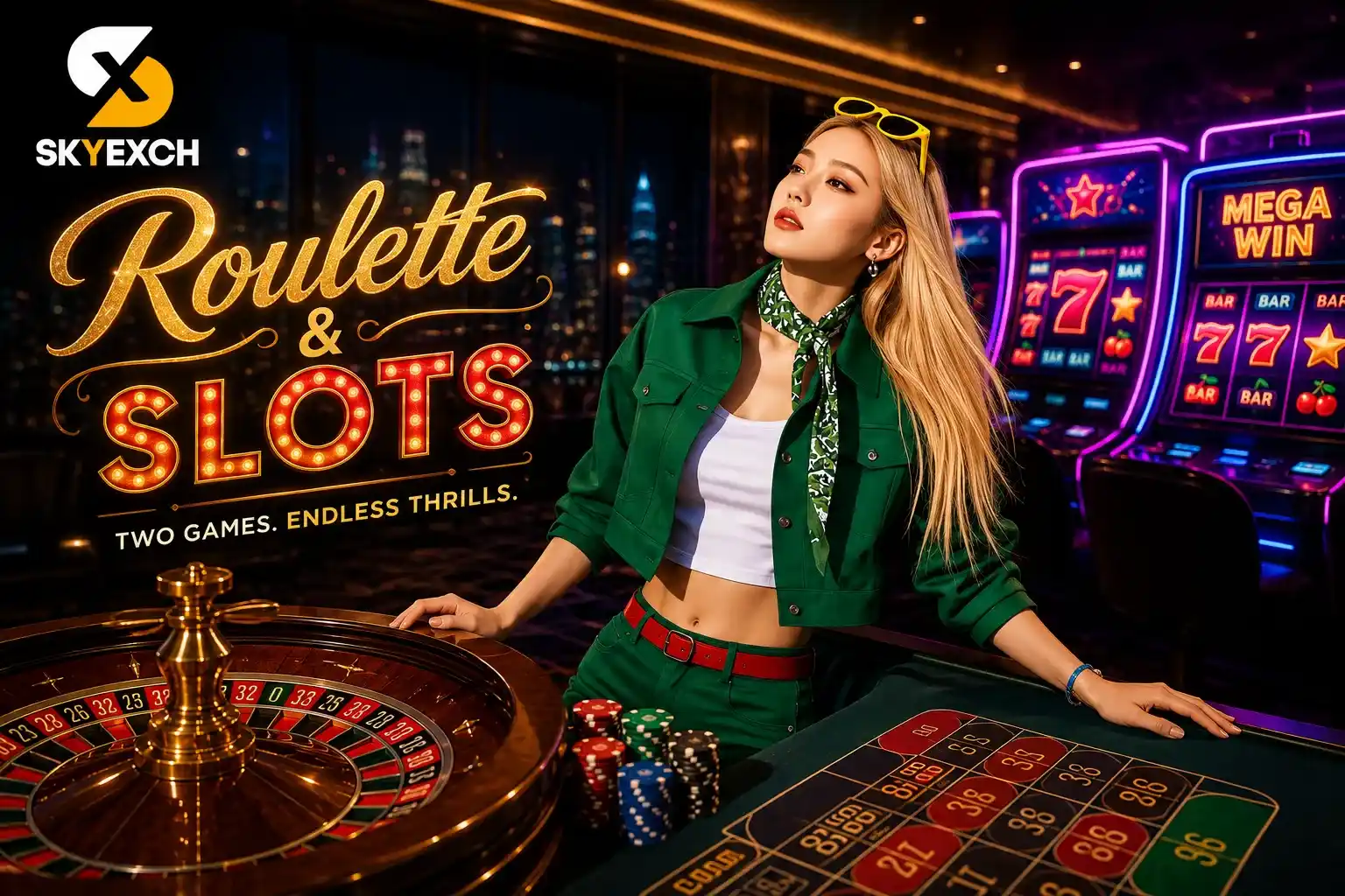 A stylish blonde woman in a fashionable green outfit stands between a premium roulette table and colorful slot machines inside a luxurious neon-lit casino. Elegant "Roulette & Slots" typography and the SKYEXCH logo create a modern, high-end gaming-inspired atmosphere.