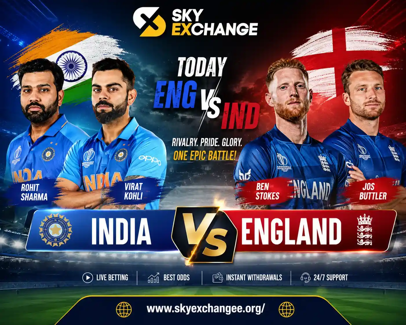 Promotional banner for the India vs England cricket match featuring Rohit Sharma, Virat Kohli, Ben Stokes, and Jos Buttler with Sky Exchange branding and www.skyexchangee.org