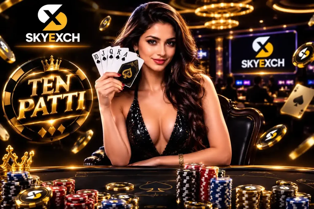 A glamorous woman in a luxury black-and-gold casino holds Ten Patti playing cards while sitting at a gaming table with colorful poker chips. The image features prominent SKYEXCH branding in the background, creating a premium casino-themed atmosphere.